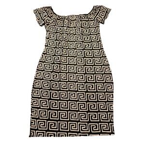 VTG Arabella Greek Key Geometric Print Off Shoulder Bodycon Dress Black 1X USA